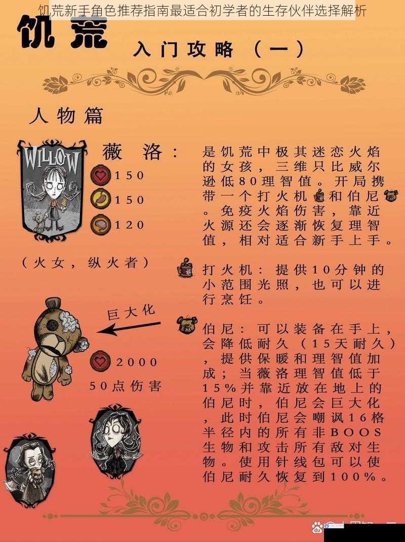 饥荒新手角色推荐指南最适合初学者的生存伙伴选择解析